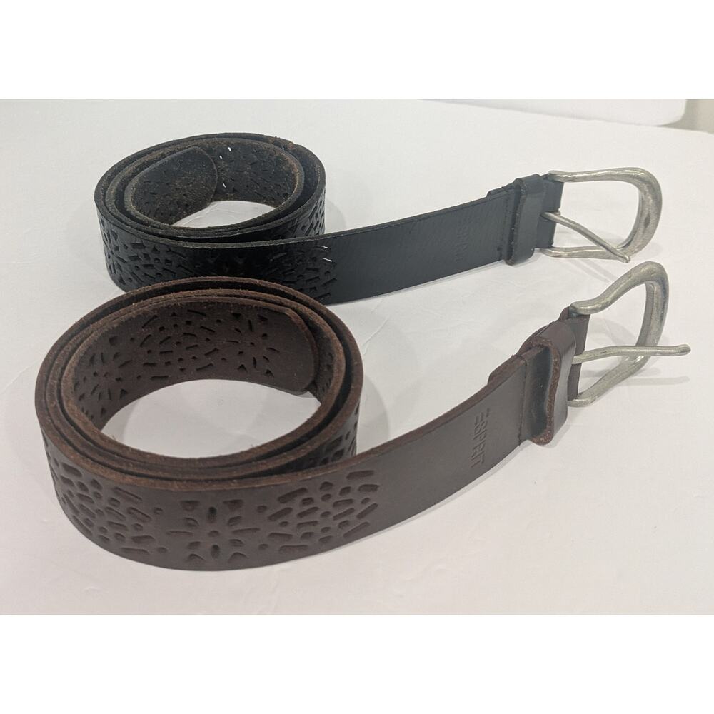 2 Vintage 80s Esprit Leather Belt Lazer Cut Floral Perforated Brown & Black 38